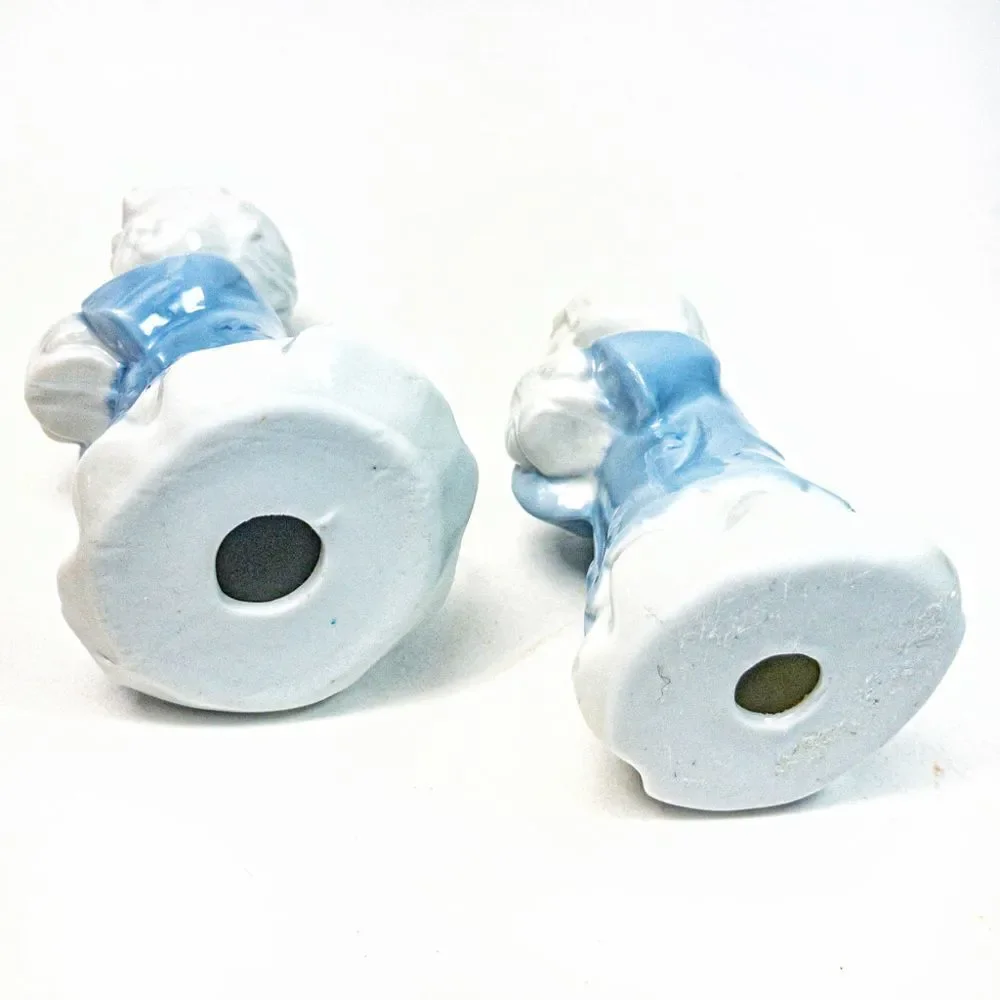 Pair Blue Angel Children Porcelain Candle Holders